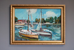 Gyönyörű BÁNFI festmény - VITORLÁSOK A BALATONON- szép keretben - 57,5x42,5 cm a keret