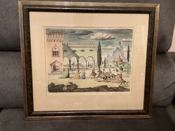 Molnár C. Pál (1894 - 1981): Medieval scene, etching, colored with watercolor