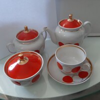 Retro jelzett szovjet vitrin állapotú porcelán teás szett aranyozott, narancsos pöttyös