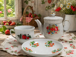 Eper  díszítésű magyar Witeg Kőporc és ukrán Baranovka porcelán reggeliző készlet - 3 db-os
