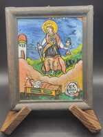 Népi vallásos üvegfestmény – Ex Voto, Szent Borbála-ábrázolás