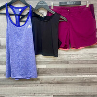 Adidas lila atléta, fekete sport top, Decathlon Quechua pink túranadrág szett S
