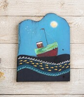 Kishajó a tengeren /gyerekszoba, fali dekoráció, festmény