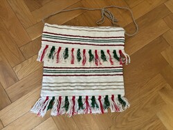 Régi kézi szövésű népi tarisznya – rojtozott, vállpántos