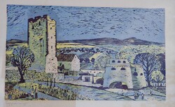 Csavlek András (1941-) - "Nagyvázsony" - színes linómetszet
