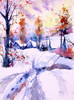 Snowy village serenity- watercolor painting /Havas falusi nyugaom - akvarell festmény
