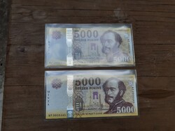 5000 Ft minta 2026 sorszámkövető alacsonyabb számú bankjegy pár