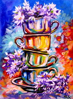 Cups with flowers- acrylic painting / Csészék virágokkal - akril festmény