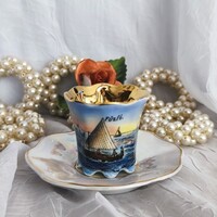 Antik balatoni emlék porcelán mokkáscsésze aljjal – Fűzfő vitorlás