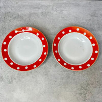 Régi Zsolnay piros-fehér pöttyös porcelán mélytányér szett