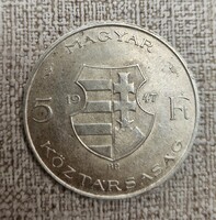 5 forint 1947 BP, Magyarország, ezüst 12g.500, Kossuth Lajos