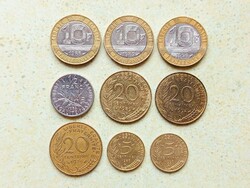 Franciaország 9 db Különböző Érme 5 20 Centimes 1/2 10 Frank Francs 1976-1996
