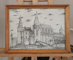 Vajdahunyad vára szignózott grafika  42x32 cm kerettel. Tus.