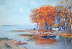1 FT-RÓL! Tóparti életkép őszi fákkal 80x60 cm olajfestmény - Nincs minimálár! Horváth jelzés