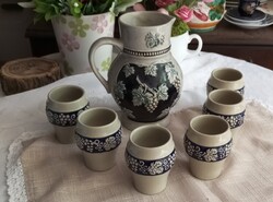 Vintage kerámia boros készlet – kancsó + 6 pohár, retro szett