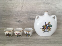 Retro Zsolnay veterán autós pálinkás / likőrös készlet (kulacs + 3 db pohár)