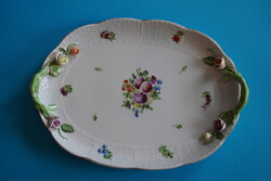 Herendi ovális porcelán kínáló tál rózsás fülekkel, kézzel festett