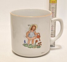 Zsolnay virágot locsoló és babakocsit toló kislány porcelán bögre (3859)