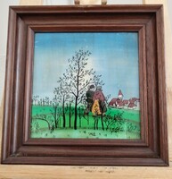 Naív stílusú üvegfestmény 27x27 cm kerettelan készült.