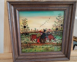 Naív stílusú üvegfestmény 27x27 cm kerettelan készült.