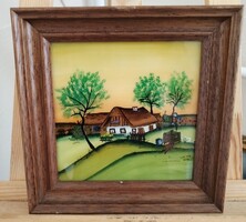 Naív stílusú üvegfestmény 27x27 cm kerettelan készült.