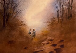 Specially colored hunting scene, watercolor painting by unknown contemporary artist