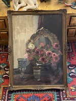 BORSZÉKY FRIGYES (1880-1955) 1927 BIEDERMEIER HANGULATÚ ASZTALI VIRÁGCSENDÉLET, OLAJ KARTON FESTMÉNY