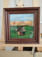Naív stílusú üvegfestmény 27x27 cm kerettelan készült.