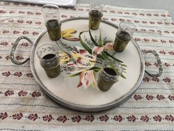 Antik fayance porcelán betétes kínáló tál tàlca , Tulipánok ital kínáló Asztalközép  edény alàtét