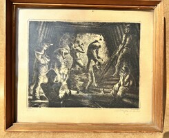 Medgyesi Schwartz Antal ritka rézkarc - Bányászok bányászjelenet 1924 március