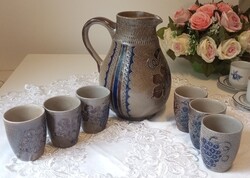 Vintage Marzi & Remy német sómázas kerámia készlet – kancsó + 6 pohár, szőlőmintás