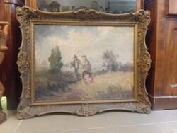 Antique Oil Painting: Field Work / Harvest (60x80 cm) – Signed by Karikás