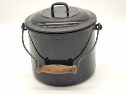 Régi zománcos Népi ételhordó vintage zománcozott fedeles fekett ételes