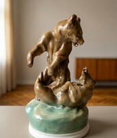 Zsolnay Birkózó medvék  kerámiaszobor, 30 cm-es!