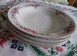 Alföldi Porcelán, rózsaszín virágos mélytányér, tányér (vadrózsás, rózsás)