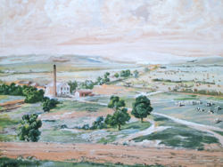 Antik gouache festmény: Panoráma - Tájkép épületekkel, tehenekkel, háttérben dombokkal - Gyárépület