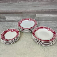 Hollóháza Hungary, bordó-fehér Hollóházi porcelán tányér készlet
