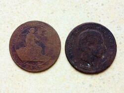 Spanyolország 2 db Különböző Érme 5 Centimos 1870 1879