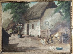 Kurländer István: Tyúkudvar, olajfestmény 60x80 cm + keret