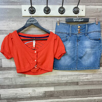 Pepe Jeans korallpiros boleró, Only farmerszoknya szett XS-S