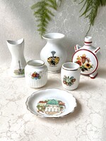 Antik magyar német miniporcelán dísztárgyak városképes vázák gyűrűtálka Zsolnay kulacs Miskolc,Pécs