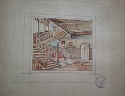 Architectural history rarity, interior design colored watercolor sketch Ray Rezső Andrássy street