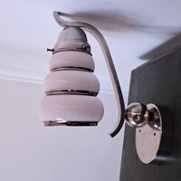 Art deco - Streamline nikkelezett falikar felújítva - különleges formájú, rózsaszín búra - Lampart