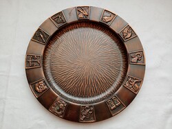 Vörösréz falitányér Iparművészeti Vállalat Ø24cm dombornyomott horoszkópos zodiákus