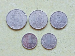 Németország NDK 5 db Különböző Érme 1 5 10 50 Pfennig 1958-1989