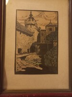 Salzburgi vár.Antik szignált linómetszet