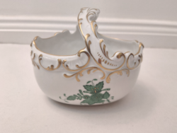 HIBÁTLAN! Herendi porcelán zöld Apponyi mintás barokk füles tálka kosár