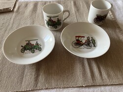 Suisse Langenthal vintage automobil díszítésű porcelán csésze és tányér szett