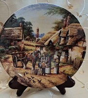Vidéki jelenetes porcelán falitányér, lovas dísztányér 3 (L5206)