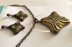 Art deco 3 részes köves- arany patinás ékszer szett nyaklánc füli gyűrű
